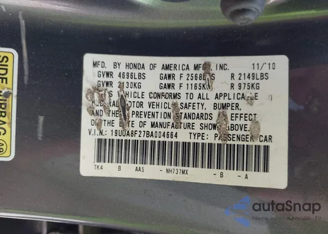 2011 Acura Tl 3.5 из США, поврежденный, VIN 19UUA8F27BA004664